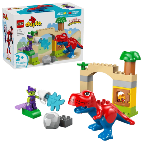 LEGO Duplo Marvel Dinosaur Spidey-Rex vs Green Goblin 10463 box and completed build showing Spidey T-rex, Green Goblin figure and treasure arch