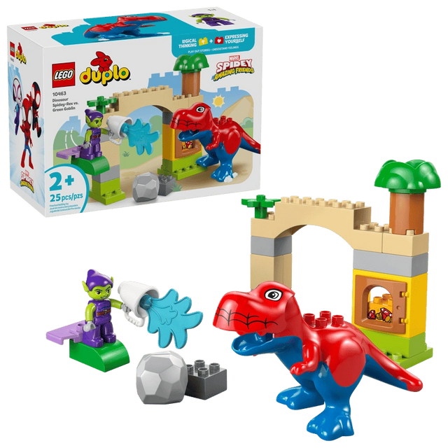 LEGO Duplo Marvel Dinosaur Spidey-Rex vs Green Goblin 10463 box and completed build showing Spidey T-rex, Green Goblin figure and treasure arch
