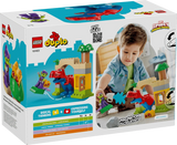 LEGO Duplo Marvel Spidey-Rex vs Green Goblin 10463 box rear showing child playing with the set and skill development icons