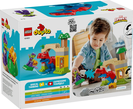 LEGO Duplo Marvel Spidey-Rex vs Green Goblin 10463 box rear showing child playing with the set and skill development icons