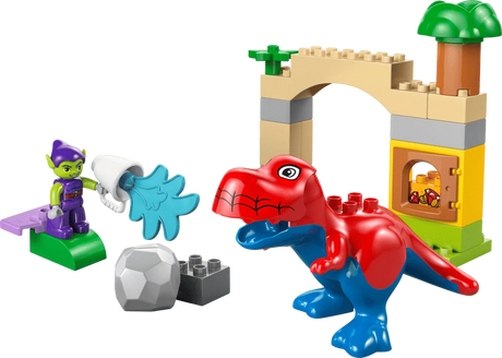LEGO Duplo Marvel Spidey-Rex vs Green Goblin completed build showing red and blue T-rex facing Green Goblin on flying vehicle with water cannon