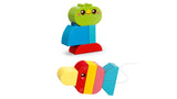 LEGO DUPLO animal figures showing a green bird head on a blue body with a red base, above a red, yellow and pink fish with a teal tail and a white string on a white background