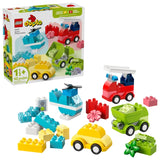 LEGO DUPLO My First Creative Vehicles product box showing helicopter, dump truck, fire truck, car builds and loose DUPLO bricks