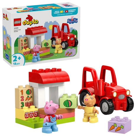 LEGO DUPLO Peppa Pig Tractor and Market 10468 retail box showing red tractor, market stall, Peppa Pig and Pedro Pony figures and illustrated food bricks
