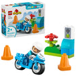 LEGO DUPLO Town Blue Police Motorcycle box shown with built motorcycle, police officer figure, traffic cones and traffic light