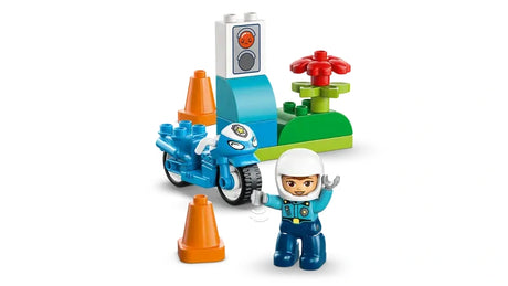 LEGO DUPLO Blue Police Motorcycle play scene with police officer, traffic cones and traffic light
