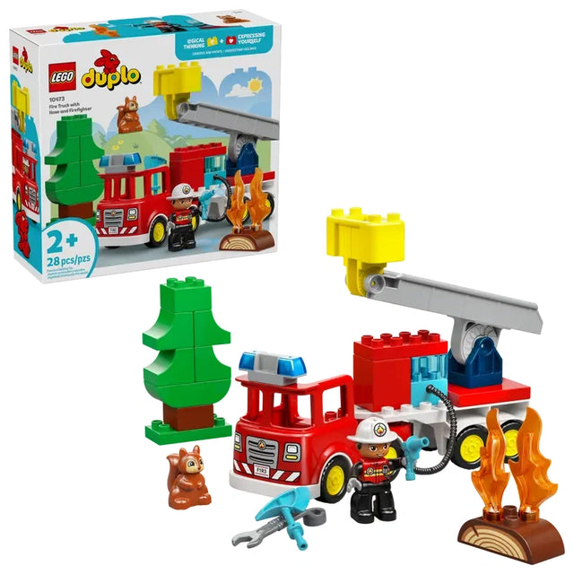 LEGO DUPLO Town Fire Truck with Hose and Firefighter box shown with red fire truck, firefighter figure, tree, squirrel figure and flaming log accessories. 