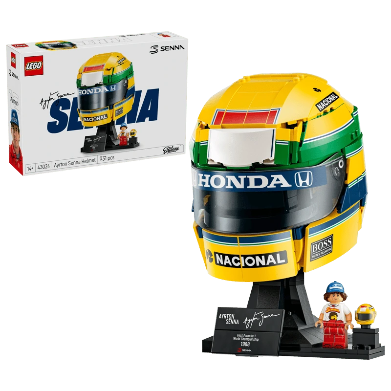 LEGO Ayrton Senna Helmet 43024 built model with Senna minifigure and product box