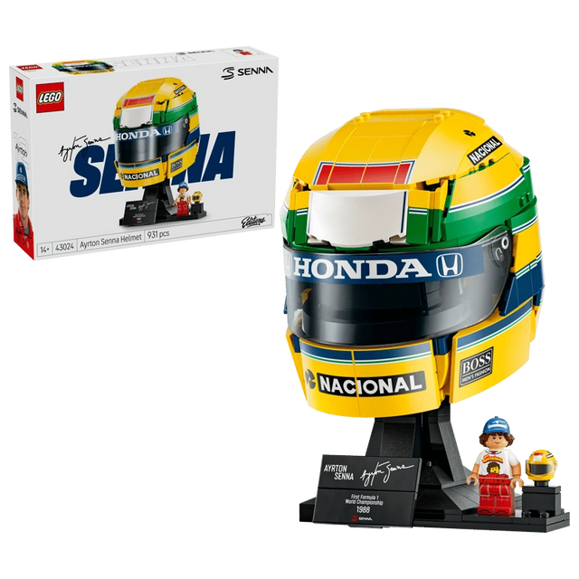 LEGO Ayrton Senna Helmet 43024 built model with Senna minifigure and product box