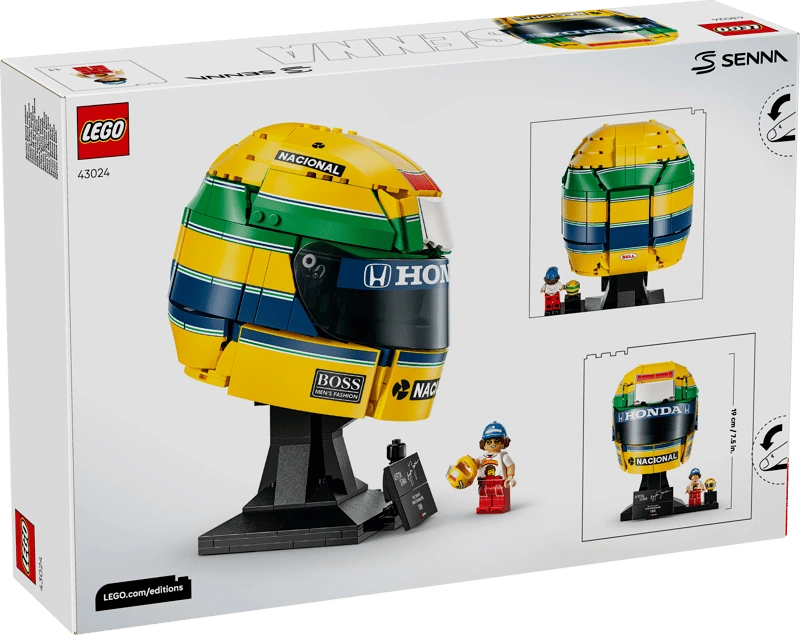 Rear of LEGO Ayrton Senna Helmet 43024 box showing the built helmet, rear view, minifigure and display plaque