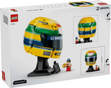 Rear of LEGO Ayrton Senna Helmet 43024 box showing the built helmet, rear view, minifigure and display plaque