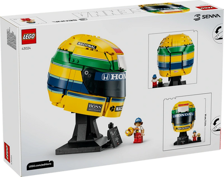 Rear of LEGO Ayrton Senna Helmet 43024 box showing the built helmet, rear view, minifigure and display plaque