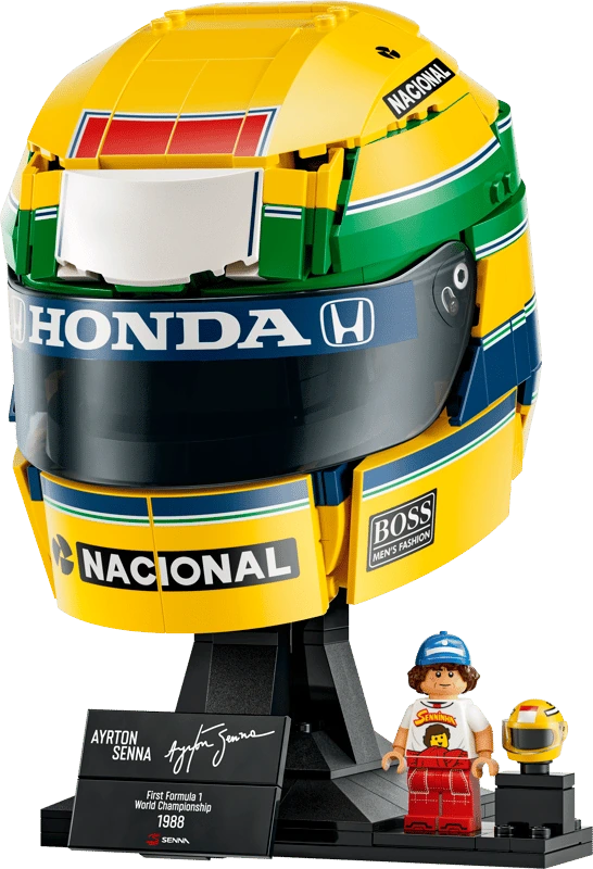 LEGO Ayrton Senna Helmet 43024 on black stand with Senna minifigure, mini helmet and signature plaque