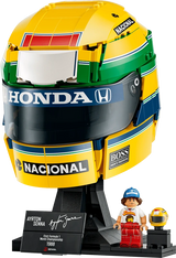 LEGO Ayrton Senna Helmet 43024 on black stand with Senna minifigure, mini helmet and signature plaque