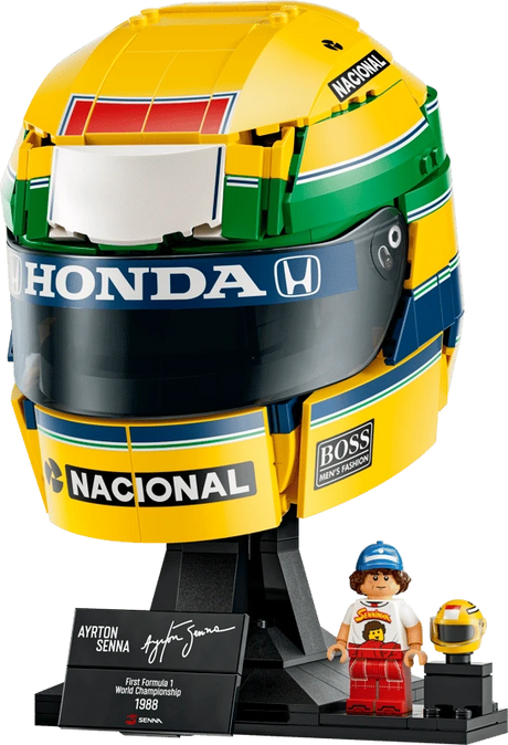 LEGO Ayrton Senna Helmet 43024 on black stand with Senna minifigure, mini helmet and signature plaque