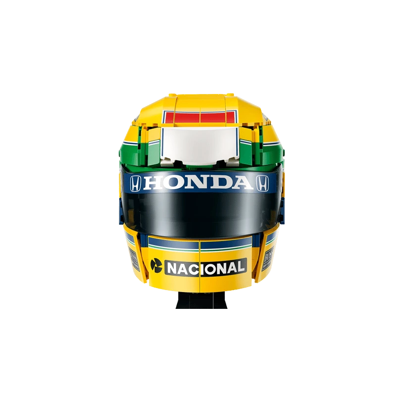 Front close-up of LEGO Ayrton Senna Helmet 43024 showing yellow, green and blue racing colours and sponsor logos