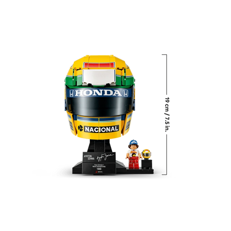 LEGO Ayrton Senna Helmet 43024 on stand with Senna minifigure and 19 cm height measurement