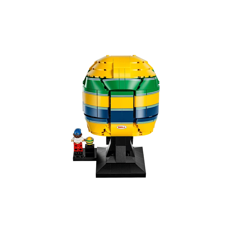 Rear view of LEGO Ayrton Senna Helmet 43024 with green, blue and yellow banding and Senna minifigure