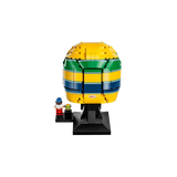 Rear view of LEGO Ayrton Senna Helmet 43024 with green, blue and yellow banding and Senna minifigure