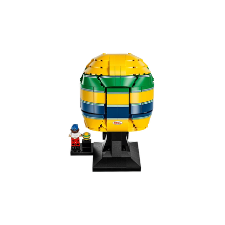 Rear view of LEGO Ayrton Senna Helmet 43024 with green, blue and yellow banding and Senna minifigure