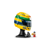 Three-quarter view of LEGO Ayrton Senna Helmet 43024 with Senna minifigure, mini helmet and signature plaque
