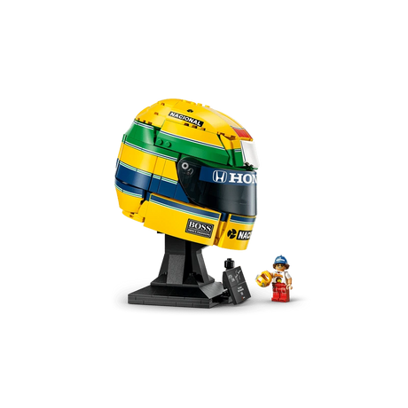 Three-quarter view of LEGO Ayrton Senna Helmet 43024 with Senna minifigure, mini helmet and signature plaque