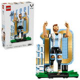 LEGO Editions Lionel Messi Football Legend 43015 retail box displayed alongside the completed LEGO football model.