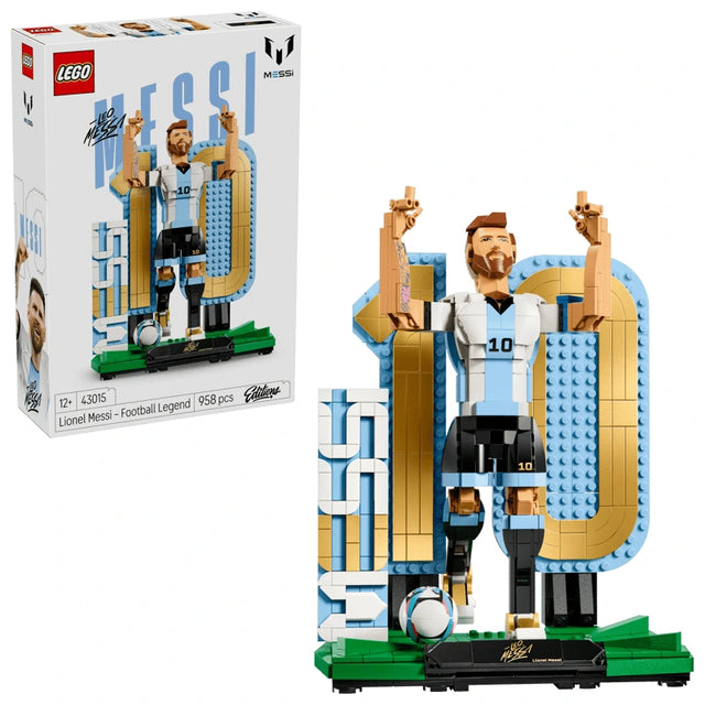 LEGO Editions Lionel Messi Football Legend 43015 retail box displayed alongside the completed LEGO football model.