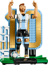 LEGO Editions Lionel Messi Football Legend 43015 model showing Messi in Argentina's number 10 shirt with raised arms, a football and gold number 10 display.