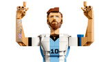 LEGO Editions Lionel Messi Football Legend 43015 figure with both arms raised in a goal celebration pose.