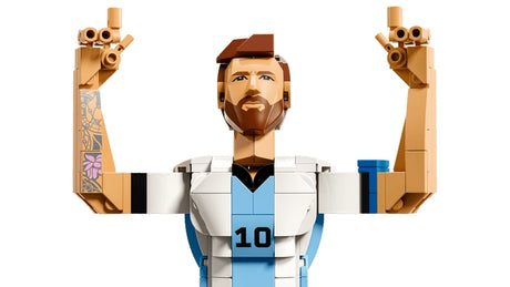 LEGO Editions Lionel Messi Football Legend 43015 figure with both arms raised in a goal celebration pose.