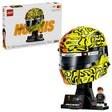 LEGO Editions Lando Norris Helmet retail box beside the completed helmet model, black McLaren display base and minifigure