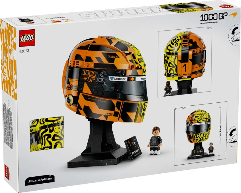 Back of the LEGO Editions Lando Norris Helmet box showing the helmet from several angles, the display stand and Lando Norris minifigure