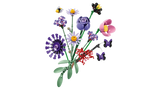 Angled view of the LEGO Editions Olivia Rodrigo's Flower Bouquet 11507 with purple, pink, red and black flowers, butterflies and a bee