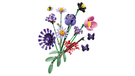 Angled view of the LEGO Editions Olivia Rodrigo's Flower Bouquet 11507 with purple, pink, red and black flowers, butterflies and a bee