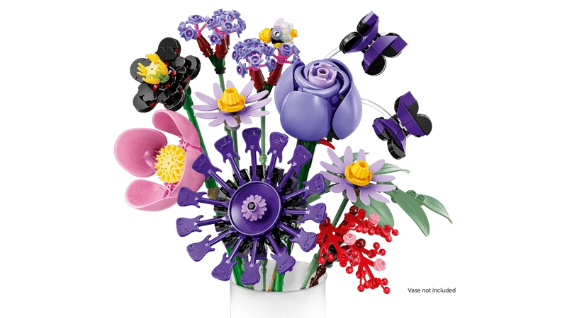 LEGO Editions Olivia Rodrigo's Flower Bouquet 11507 shown in a white vase with purple flowers, pink blooms and butterflies