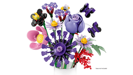 LEGO Editions Olivia Rodrigo's Flower Bouquet 11507 shown in a white vase with purple flowers, pink blooms and butterflies