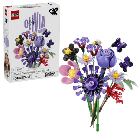 LEGO Editions Olivia Rodrigo's Flower Bouquet 11507 product box beside the completed flower arrangement