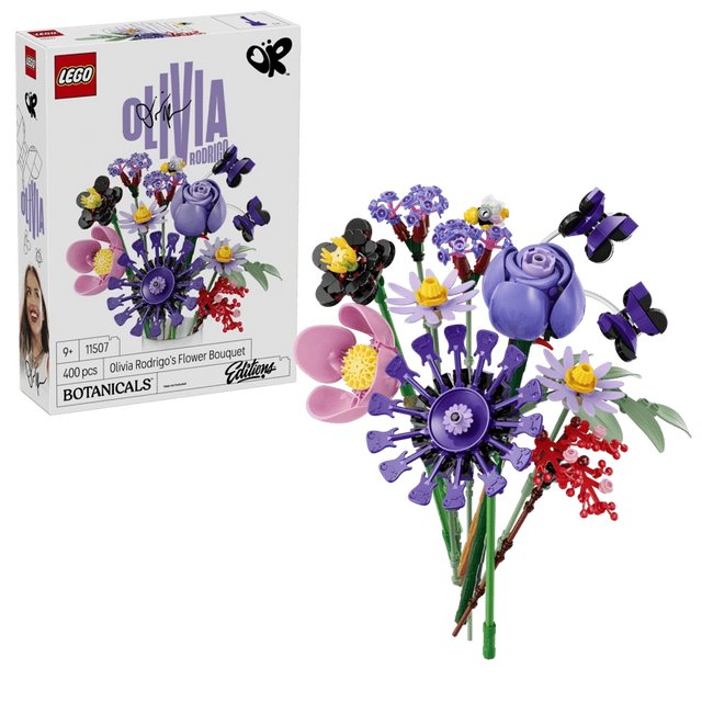 LEGO Editions Olivia Rodrigo's Flower Bouquet 11507 product box beside the completed flower arrangement