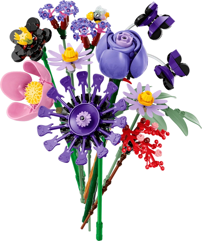 Front view of the completed LEGO Editions Olivia Rodrigo's Flower Bouquet 11507 with flowers, butterflies and a bee