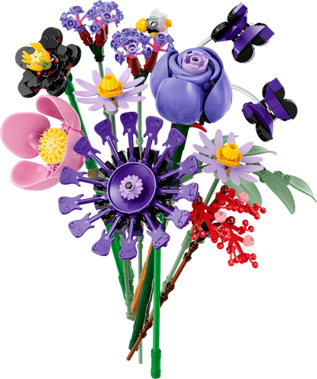 Front view of the completed LEGO Editions Olivia Rodrigo's Flower Bouquet 11507 with flowers, butterflies and a bee