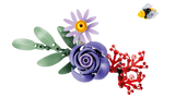 Close-up of the LEGO Editions Olivia Rodrigo's Flower Bouquet 11507 purple rose, lavender flower, red blooms, green leaves and bee