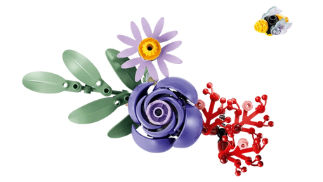 Close-up of the LEGO Editions Olivia Rodrigo's Flower Bouquet 11507 purple rose, lavender flower, red blooms, green leaves and bee