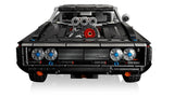 Front view of LEGO Technic Dodge Charger R/T car with black bonnet, headlights and engine detail