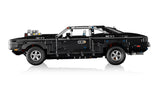 Side view of LEGO Technic Dodge Charger R/T car with black bodywork and silver wheels