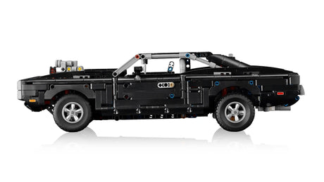 Side view of LEGO Technic Dodge Charger R/T car with black bodywork and silver wheels