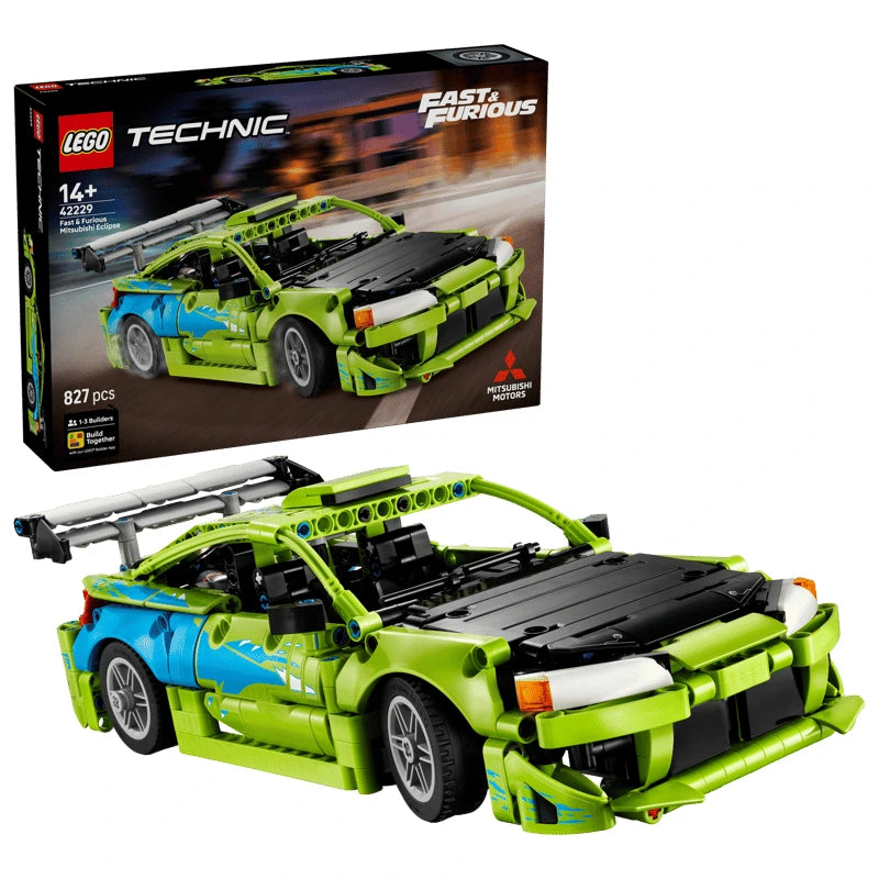 LEGO Fast and Furious Mitsubishi Eclipse Car 42229 box with green and blue Technic car model