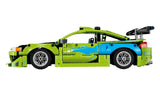 Front angle view of LEGO Technic Mitsubishi Eclipse car with green body, blue side panels and black bonnet