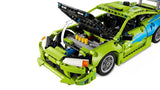 Rear side view of LEGO Technic Mitsubishi Eclipse car with black rear wing and red rear panel