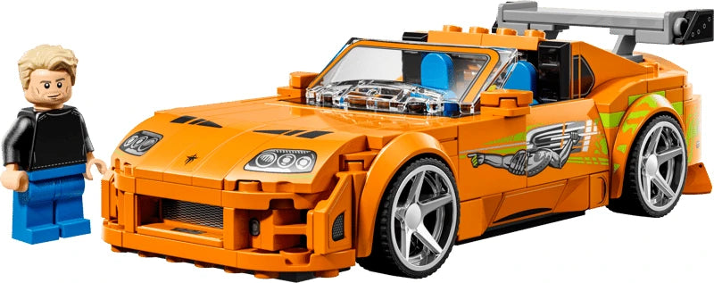 LEGO orange Toyota Supra car model with minifigure